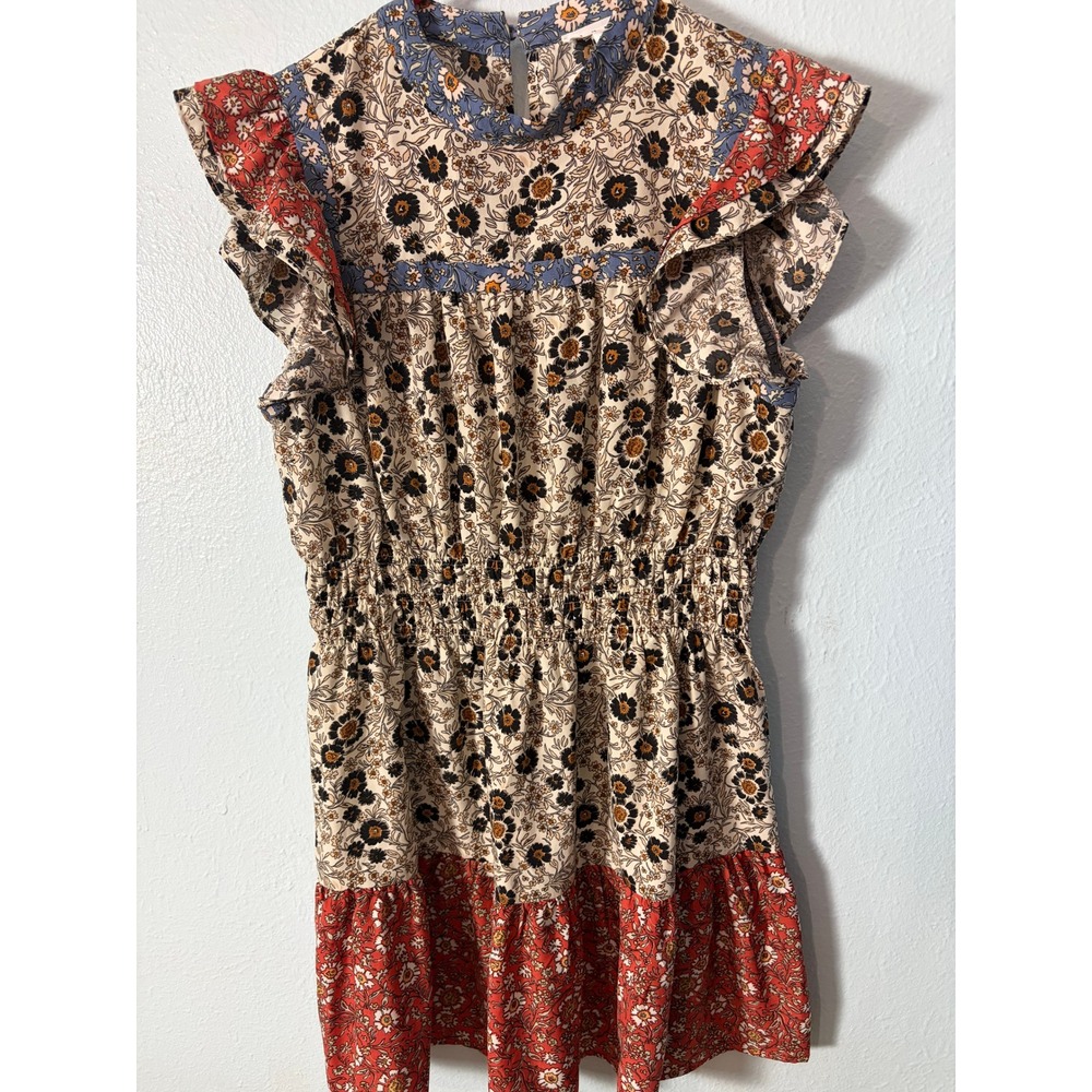 THML Women M Floral Colorblock Mini Dress Ruffle Flutter Sleeve Boho Cottagecore